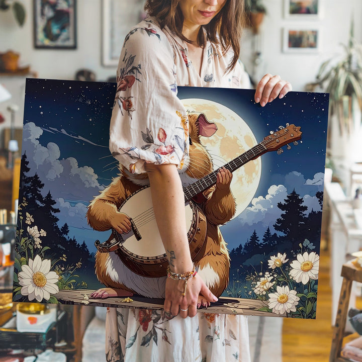 Guinea Pig Moonlight Serenade Canvas – Whimsical Animal Art with Banjo - Gifitto