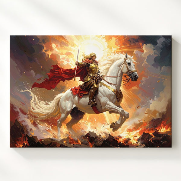 Divine Warrior on White Horse Canvas – Epic Fantasy Battle Scene - Gifitto