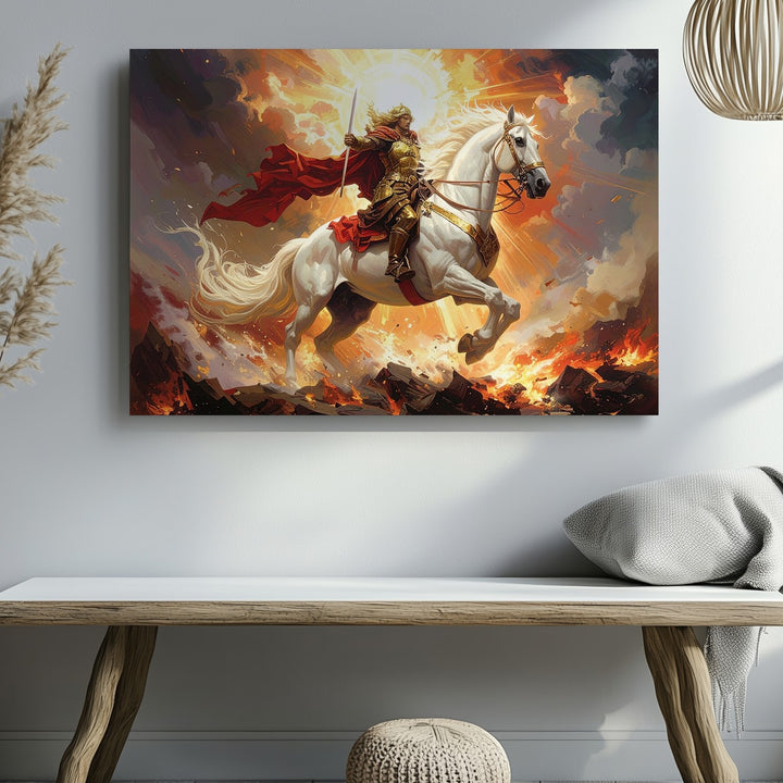 Divine Warrior on White Horse Canvas – Epic Fantasy Battle Scene - Gifitto