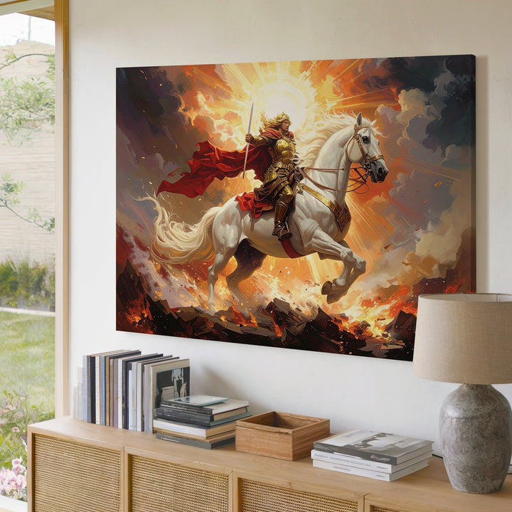 Divine Warrior on White Horse Canvas – Epic Fantasy Battle Scene - Gifitto
