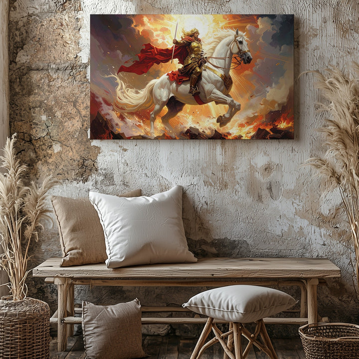 Divine Warrior on White Horse Canvas – Epic Fantasy Battle Scene - Gifitto