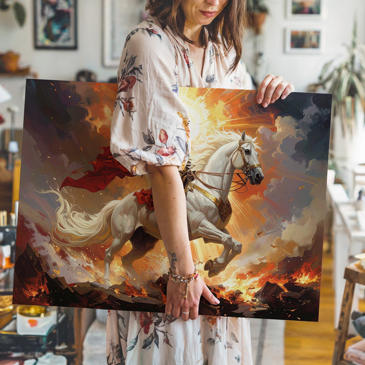 Divine Warrior on White Horse Canvas – Epic Fantasy Battle Scene - Gifitto