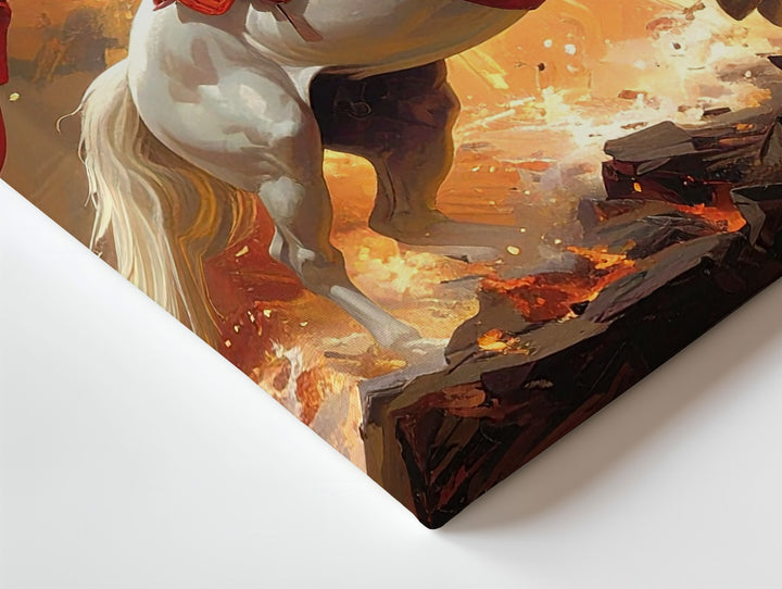 Divine Warrior on White Horse Canvas – Epic Fantasy Battle Scene - Gifitto