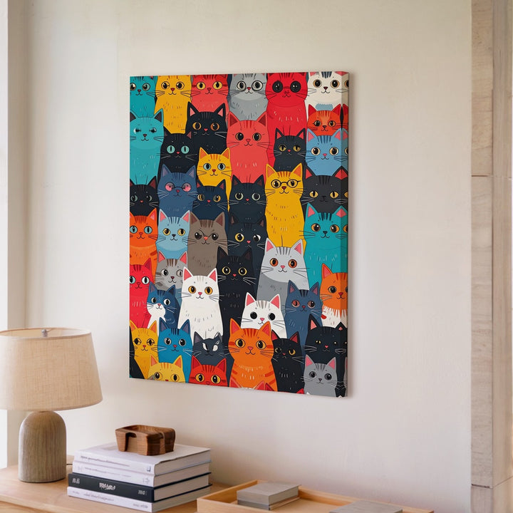 Colorful Cat Crowd Canvas – Bold Modern Pattern Illustration - Gifitto