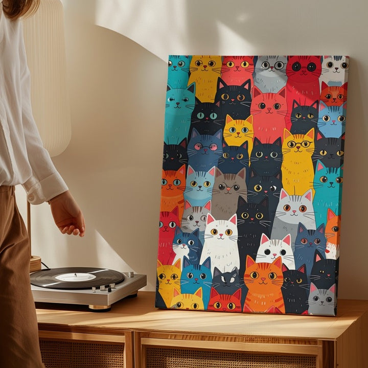 Colorful Cat Crowd Canvas – Bold Modern Pattern Illustration - Gifitto