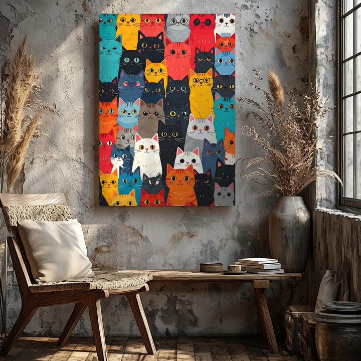 Colorful Cat Crowd Canvas – Bold Modern Pattern Illustration - Gifitto
