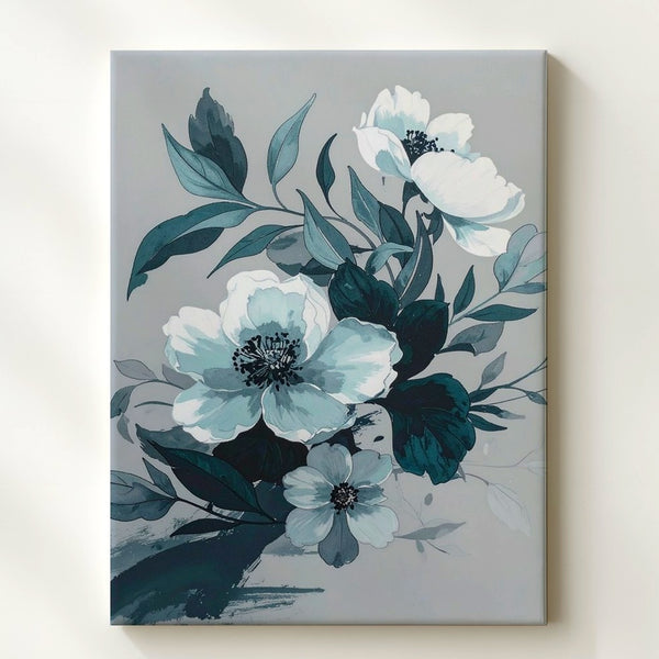 Modern Floral Watercolor Canvas – Soft White Flowers & Teal Leaves - Gifitto