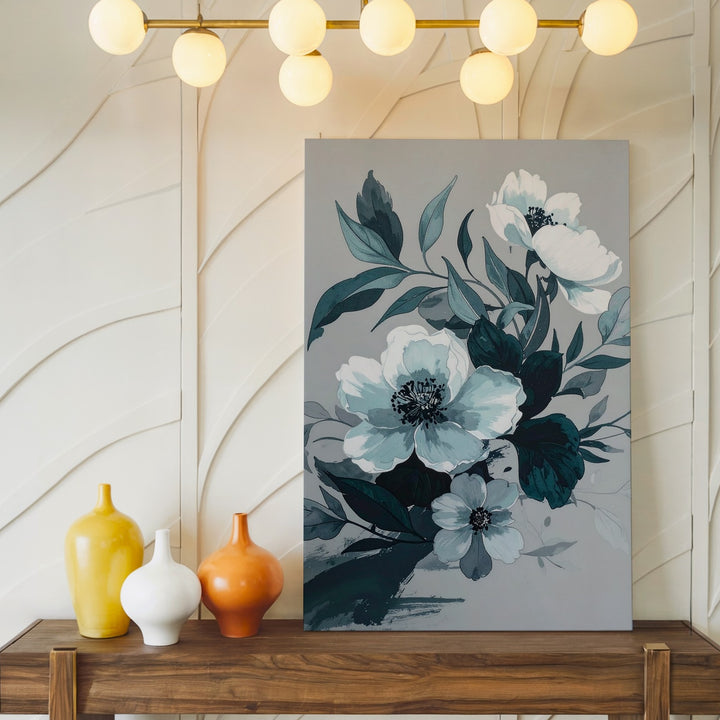 Modern Floral Watercolor Canvas – Soft White Flowers & Teal Leaves - Gifitto