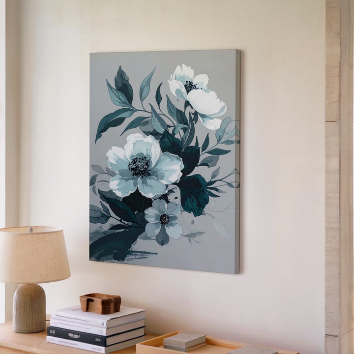 Modern Floral Watercolor Canvas – Soft White Flowers & Teal Leaves - Gifitto