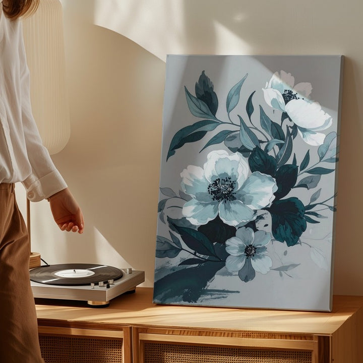 Modern Floral Watercolor Canvas – Soft White Flowers & Teal Leaves - Gifitto