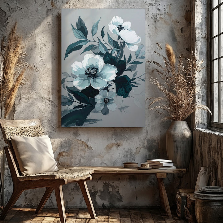 Modern Floral Watercolor Canvas – Soft White Flowers & Teal Leaves - Gifitto