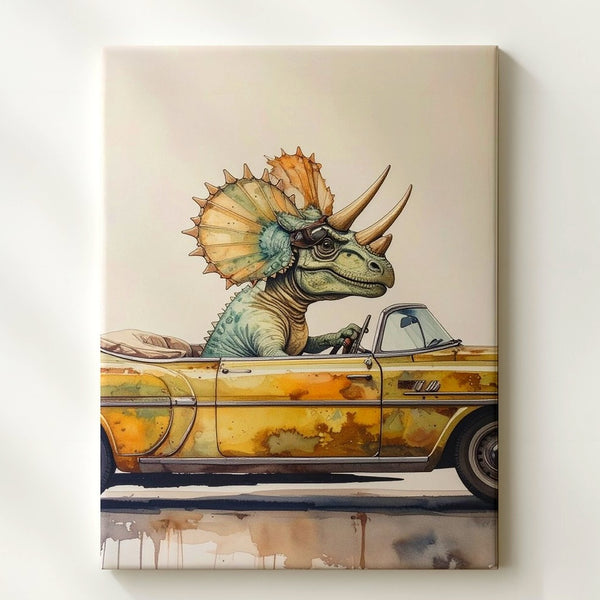 Triceratops Joyride Canvas – Whimsical Dino in Vintage Convertible Art - Gifitto