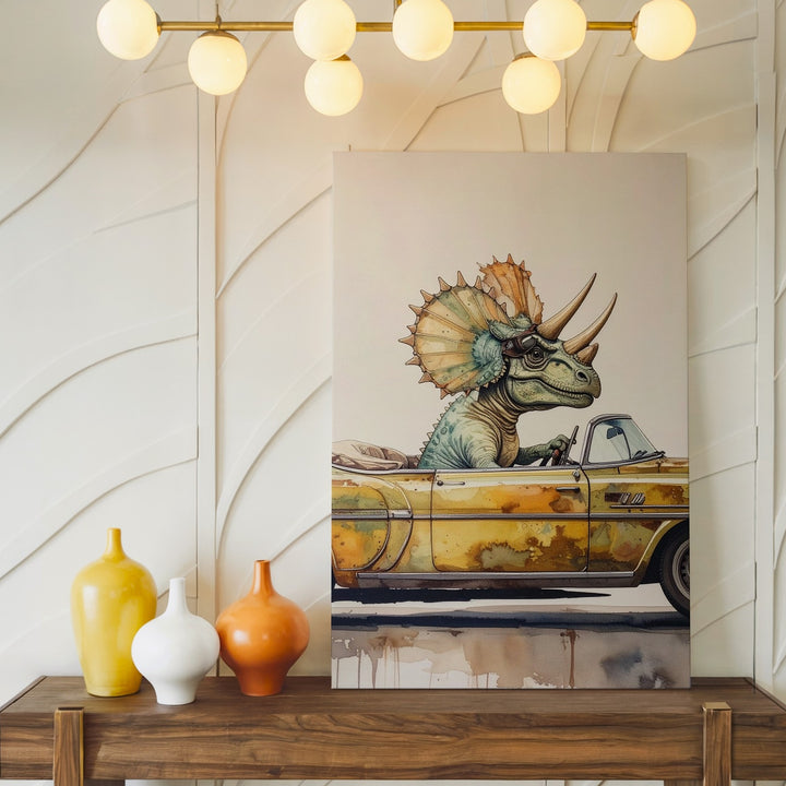 Triceratops Joyride Canvas – Whimsical Dino in Vintage Convertible Art - Gifitto