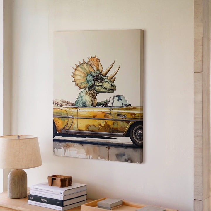 Triceratops Joyride Canvas – Whimsical Dino in Vintage Convertible Art - Gifitto