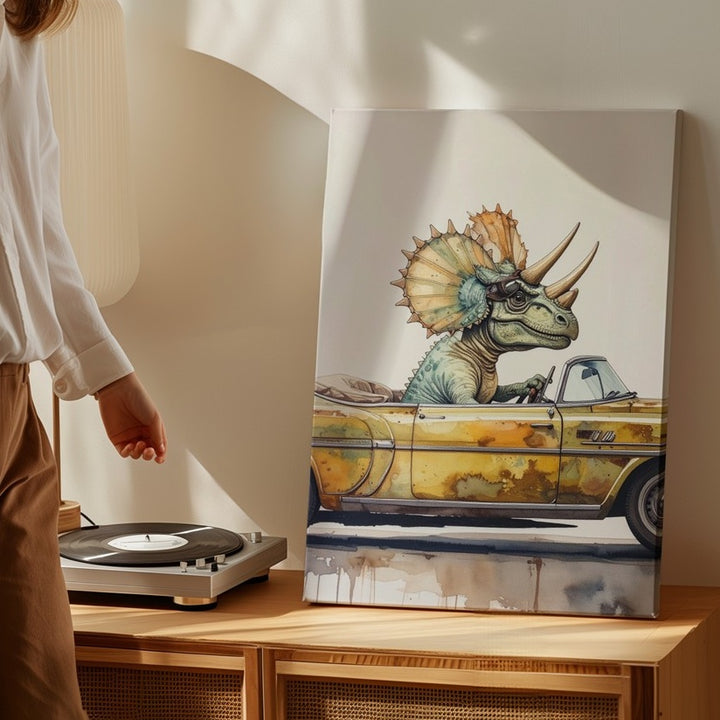 Triceratops Joyride Canvas – Whimsical Dino in Vintage Convertible Art - Gifitto