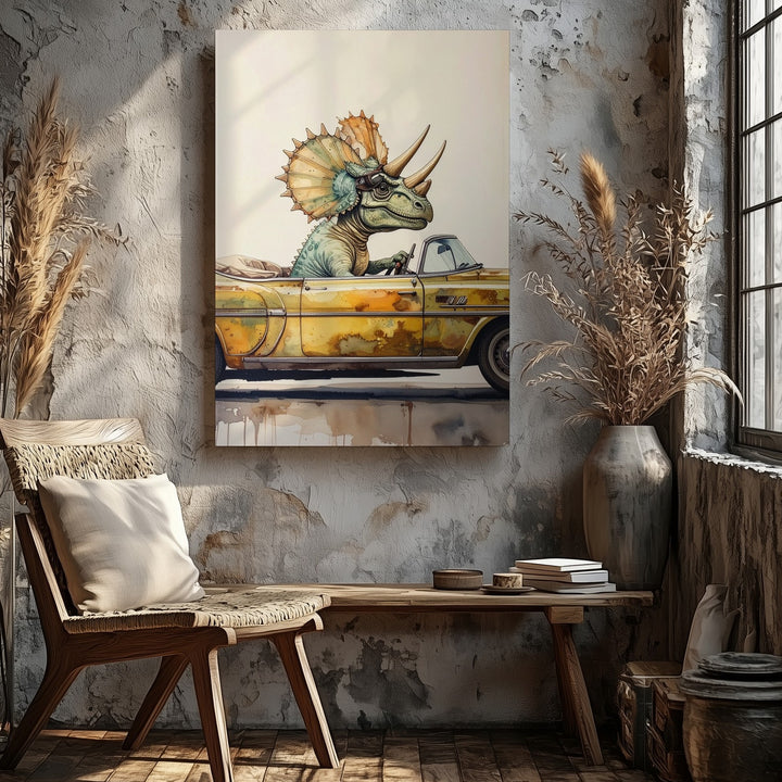 Triceratops Joyride Canvas – Whimsical Dino in Vintage Convertible Art - Gifitto