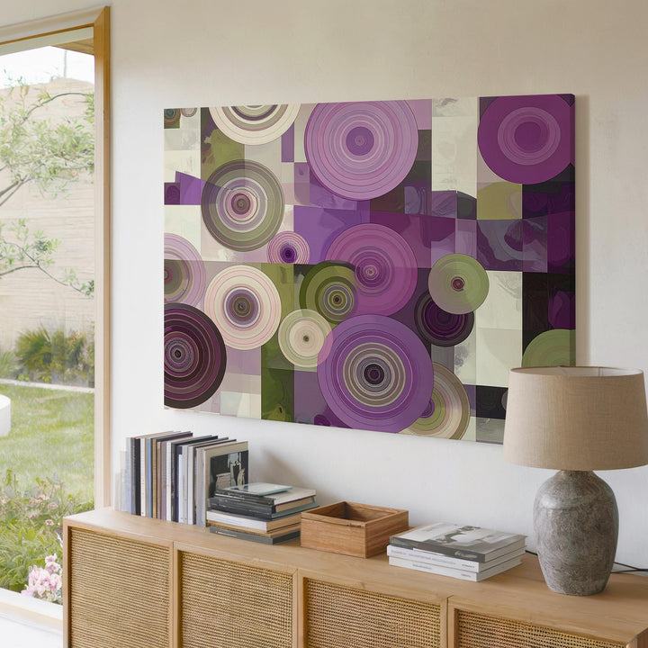 Modern Rings Abstract Canvas – Purple & Olive Circular Geometric Art - Gifitto