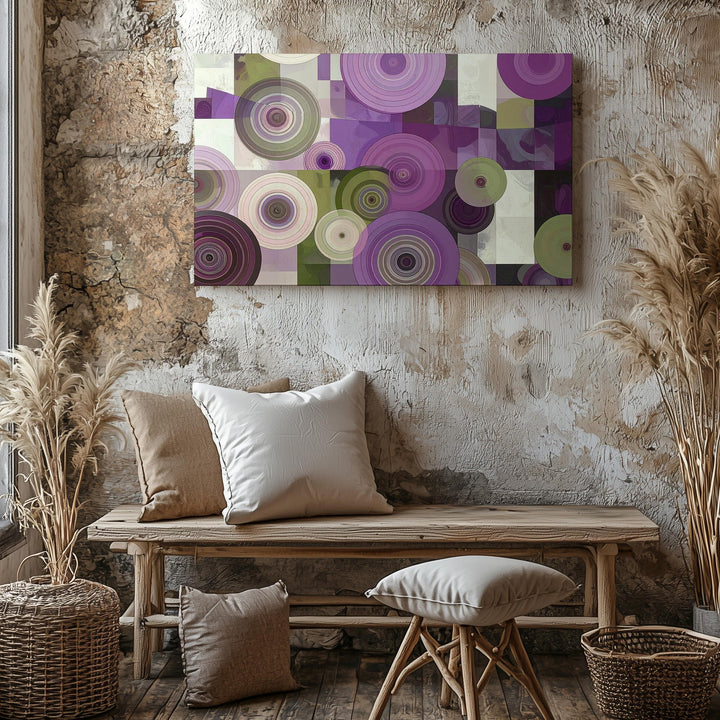 Modern Rings Abstract Canvas – Purple & Olive Circular Geometric Art - Gifitto