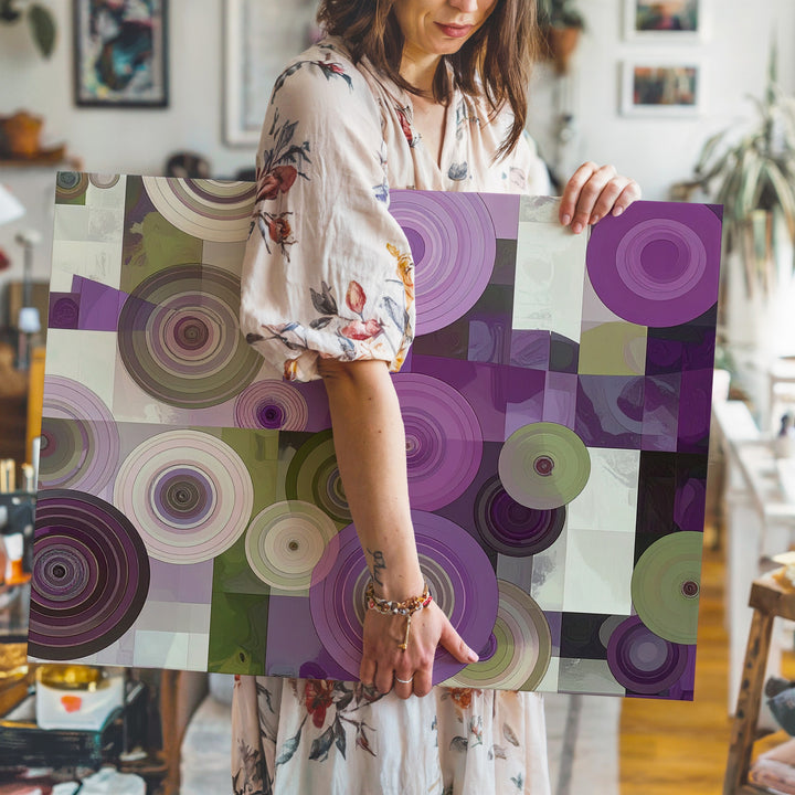 Modern Rings Abstract Canvas – Purple & Olive Circular Geometric Art - Gifitto