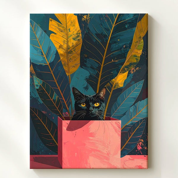 Mystery Cat in Box Canvas – Bold Botanical Graphic Feline Art - Gifitto