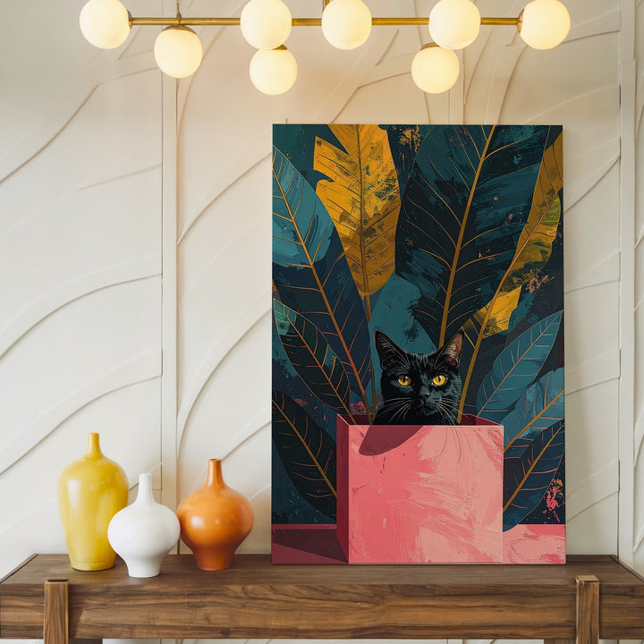 Mystery Cat in Box Canvas – Bold Botanical Graphic Feline Art - Gifitto
