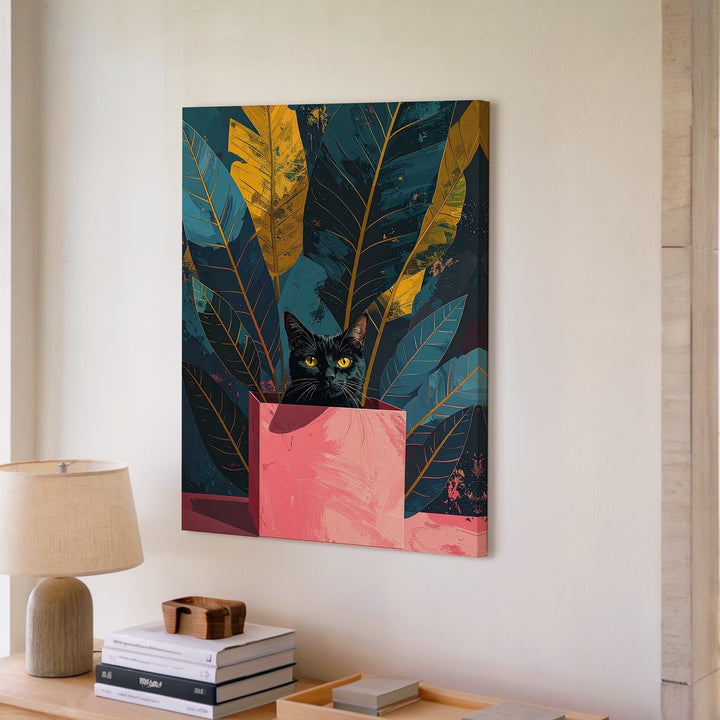 Mystery Cat in Box Canvas – Bold Botanical Graphic Feline Art - Gifitto