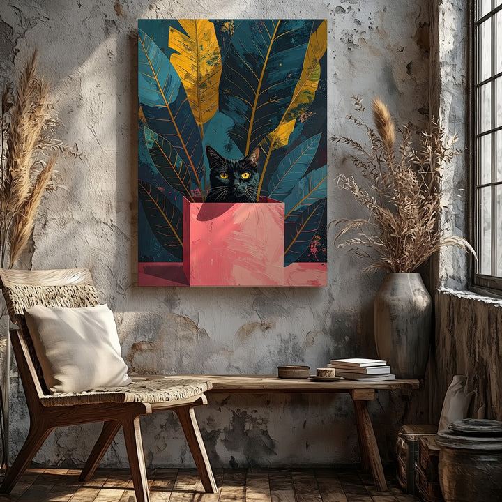 Mystery Cat in Box Canvas – Bold Botanical Graphic Feline Art - Gifitto