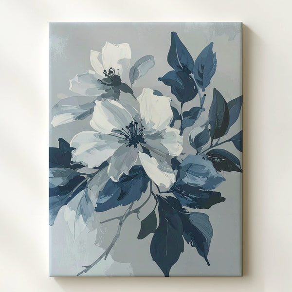 Minimalist Floral Contrast Canvas – White Flowers & Navy Leaves - Gifitto