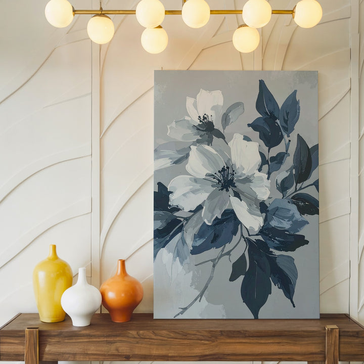 Minimalist Floral Contrast Canvas – White Flowers & Navy Leaves - Gifitto