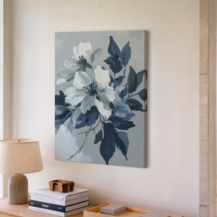 Minimalist Floral Contrast Canvas – White Flowers & Navy Leaves - Gifitto