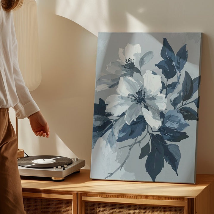 Minimalist Floral Contrast Canvas – White Flowers & Navy Leaves - Gifitto