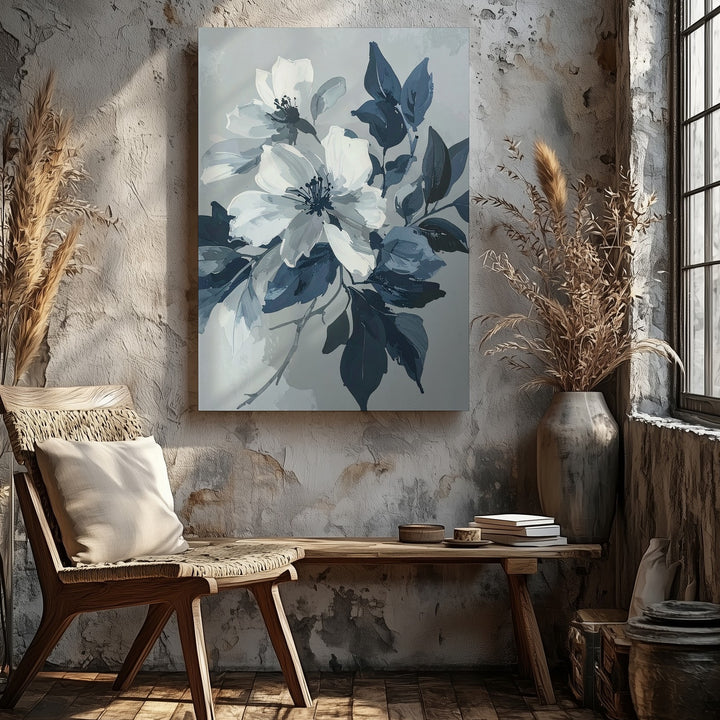 Minimalist Floral Contrast Canvas – White Flowers & Navy Leaves - Gifitto