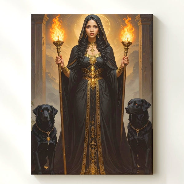 Hecate’s Gate Canvas – Dark Goddess with Torches and Black Dogs Wall Art - Gifitto