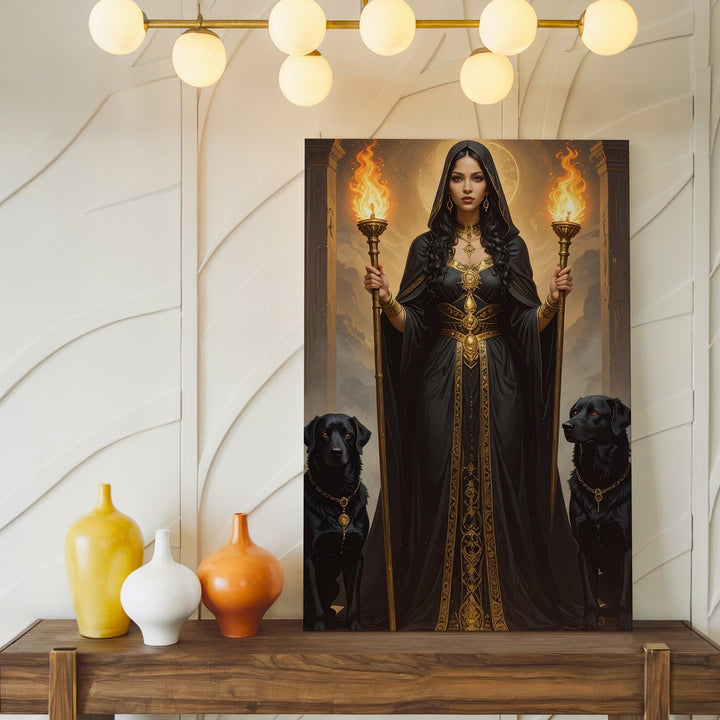 Hecate’s Gate Canvas – Dark Goddess with Torches and Black Dogs Wall Art - Gifitto