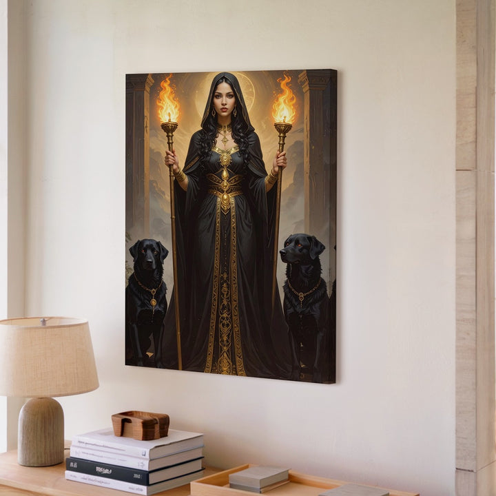 Hecate’s Gate Canvas – Dark Goddess with Torches and Black Dogs Wall Art - Gifitto