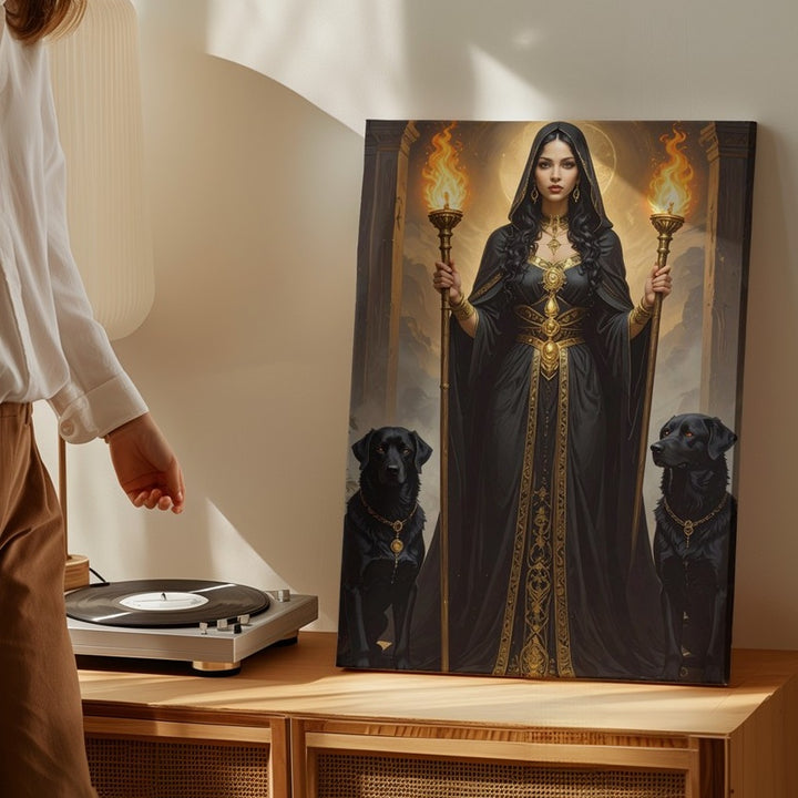 Hecate’s Gate Canvas – Dark Goddess with Torches and Black Dogs Wall Art - Gifitto