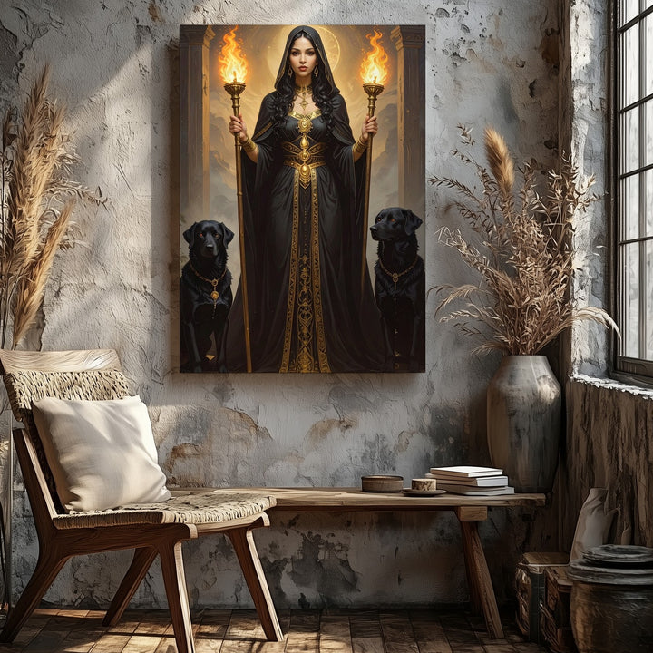 Hecate’s Gate Canvas – Dark Goddess with Torches and Black Dogs Wall Art - Gifitto