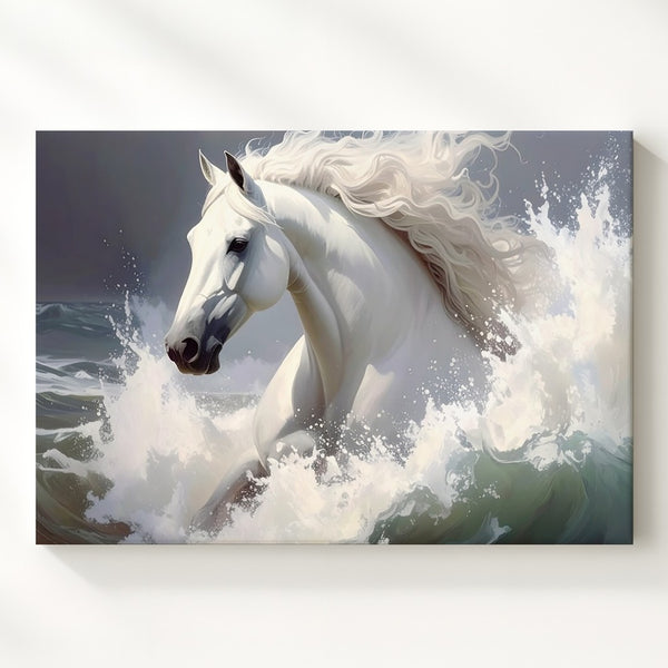 Ocean Spirit Horse Canvas – Mystical White Horse Galloping Through Waves - Gifitto