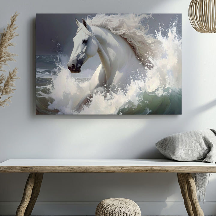 Ocean Spirit Horse Canvas – Mystical White Horse Galloping Through Waves - Gifitto
