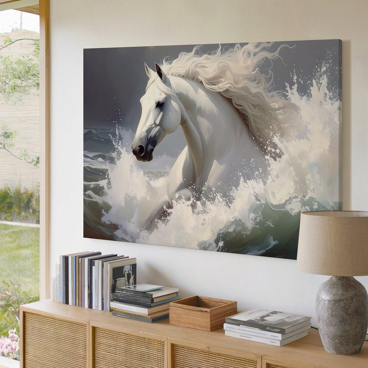 Ocean Spirit Horse Canvas – Mystical White Horse Galloping Through Waves - Gifitto