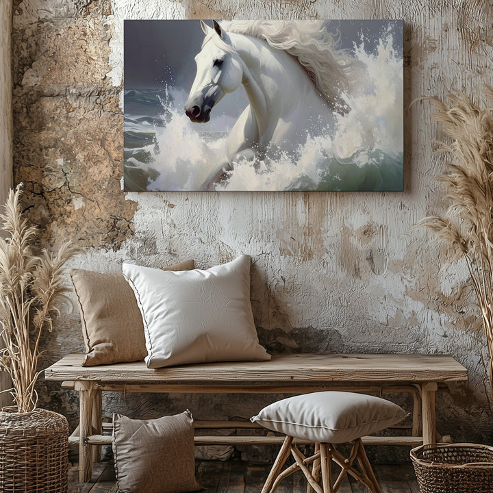 Ocean Spirit Horse Canvas – Mystical White Horse Galloping Through Waves - Gifitto