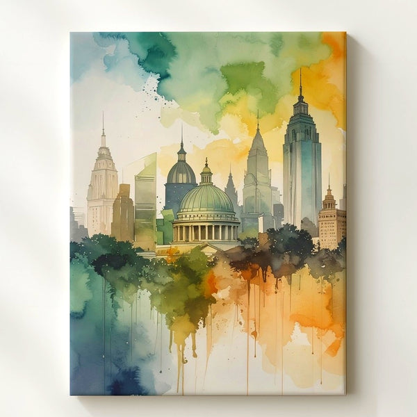 Watercolor City Skyline Canvas – Abstract Urban Landscape with Ink Splashes