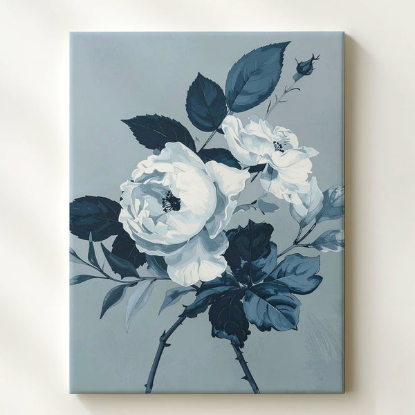 Tranquil Floral Painting Canvas – White Roses & Blue-Gray Leaves - Gifitto