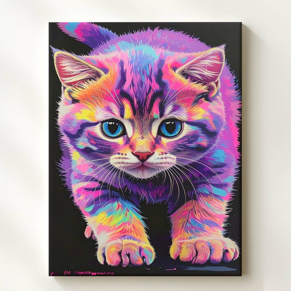 Psychedelic Neon Kitten Canvas – Electric Pop Surreal Cat Art - Gifitto