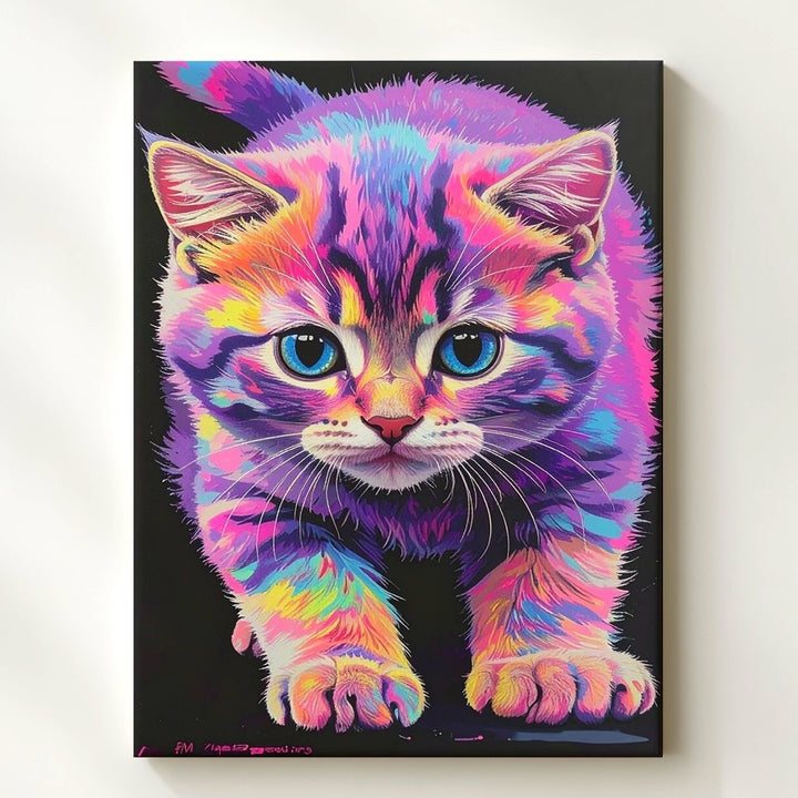 Psychedelic Neon Kitten Canvas – Electric Pop Surreal Cat Art - Gifitto