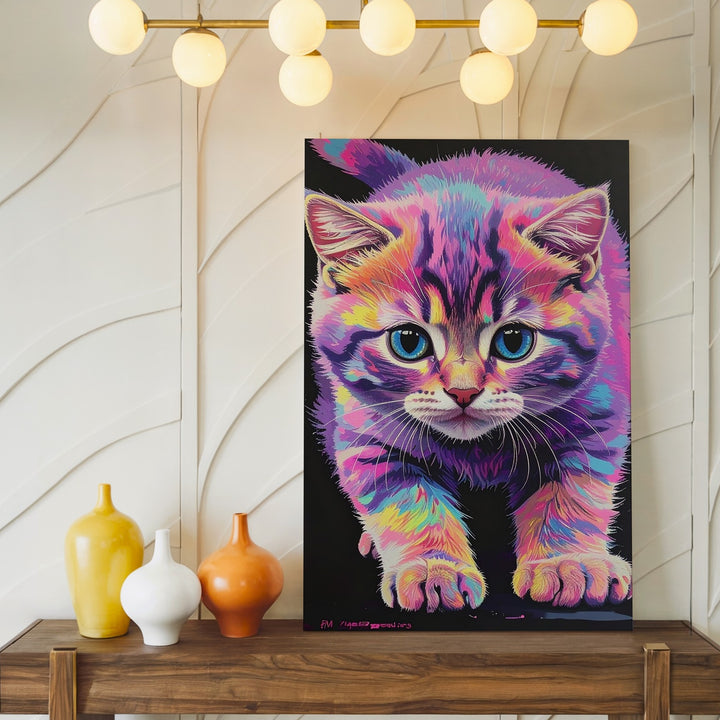 Psychedelic Neon Kitten Canvas – Electric Pop Surreal Cat Art - Gifitto