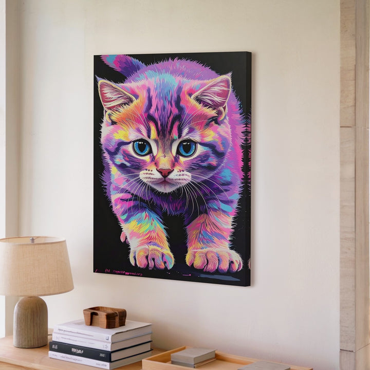 Psychedelic Neon Kitten Canvas – Electric Pop Surreal Cat Art - Gifitto
