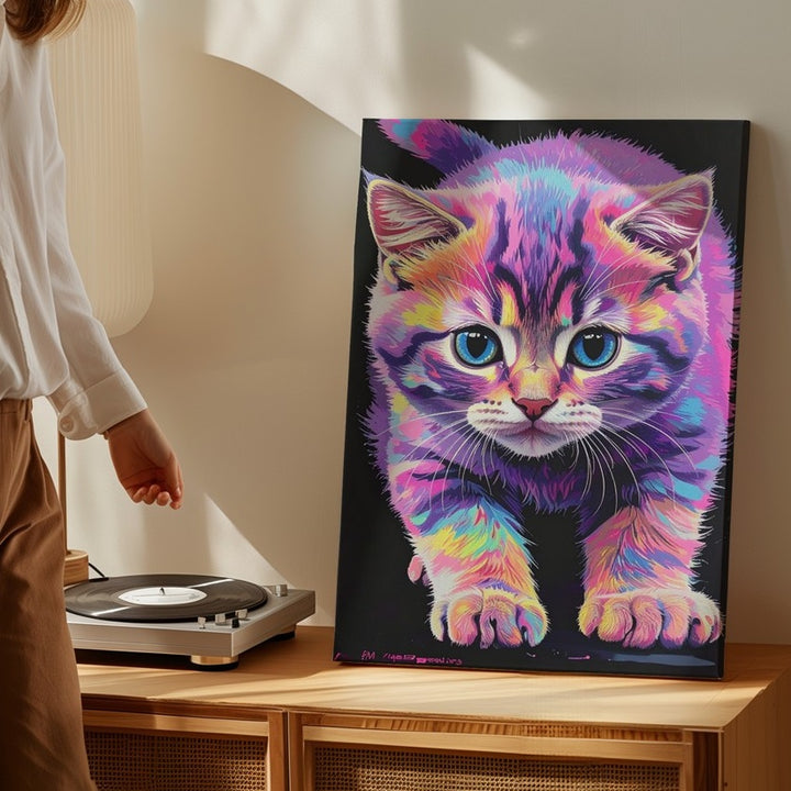 Psychedelic Neon Kitten Canvas – Electric Pop Surreal Cat Art - Gifitto