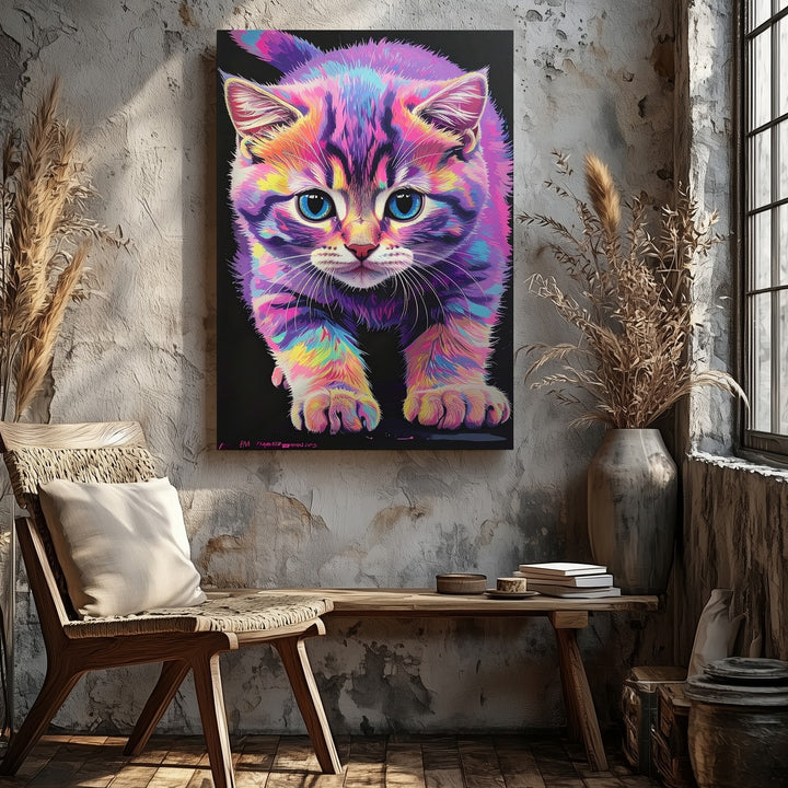 Psychedelic Neon Kitten Canvas – Electric Pop Surreal Cat Art - Gifitto
