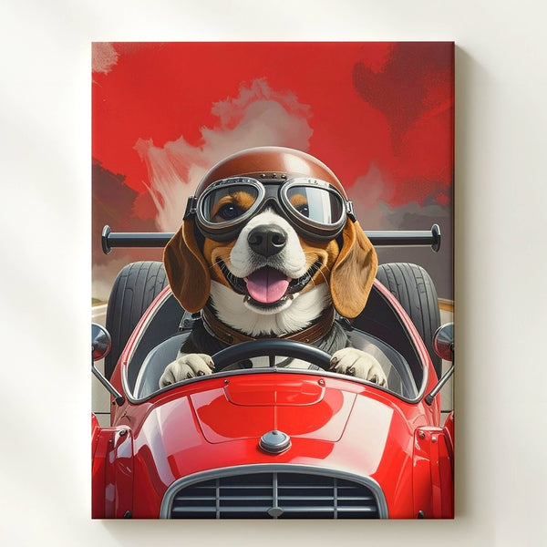 Beagle Racer Canvas – Whimsical Dog Driving Vintage Race Car Art - Gifitto